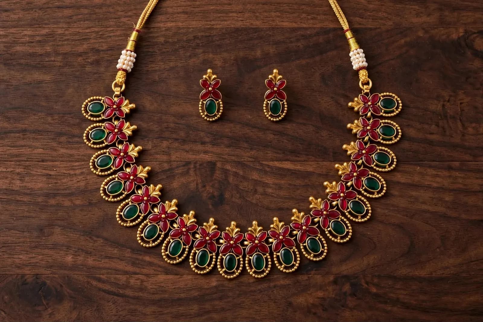 Red Kemp Stone Flowers Necklace