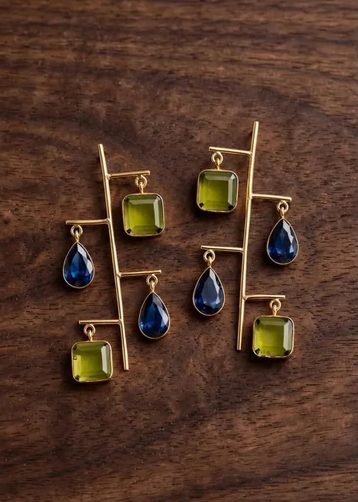 Olive Green + Navy Blue Ladder Gemstone Earrings