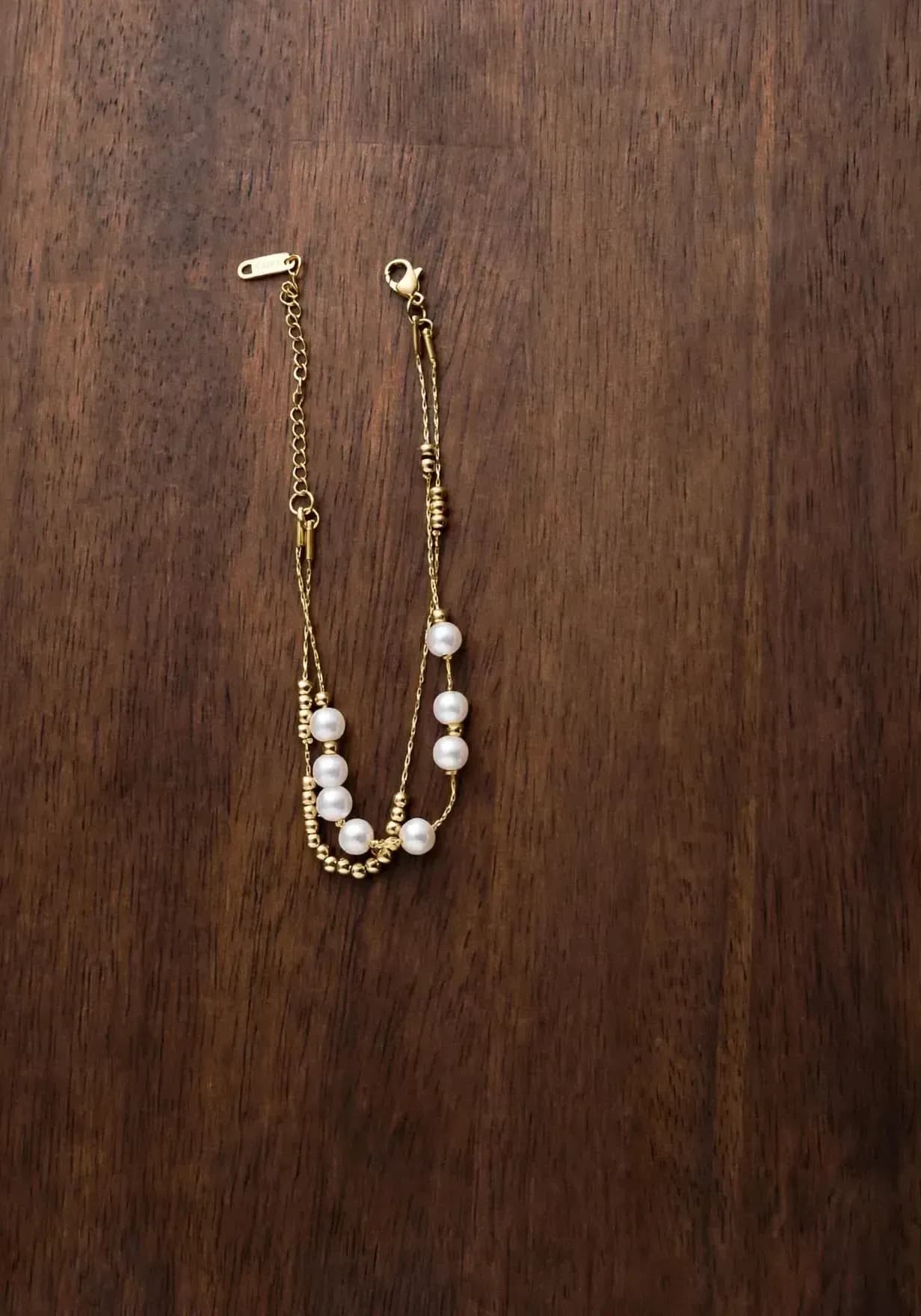 Double-Strand Pearl & Gold Bead Bracelet