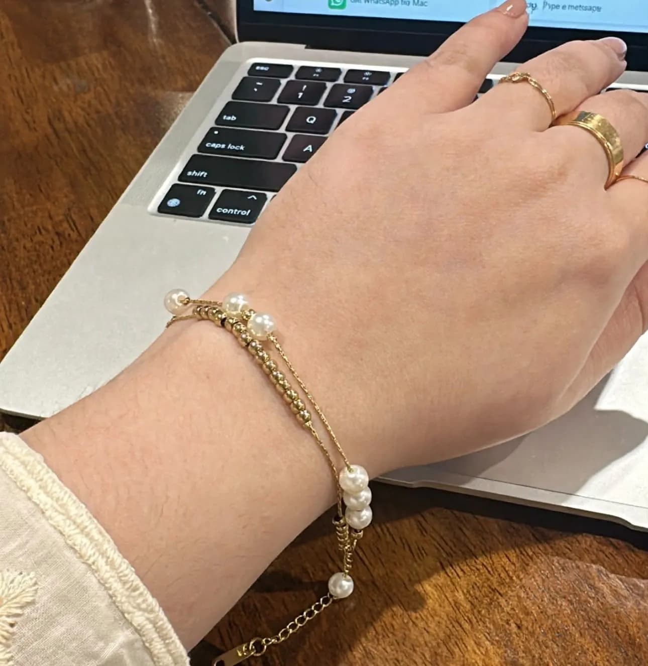 Double-Strand Pearl & Gold Bead Bracelet